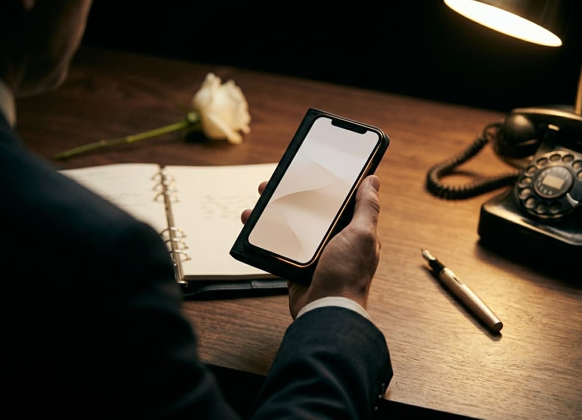 Over-the-shoulder view of a hand holding a smartphone beside a vintage rotary phone and agenda