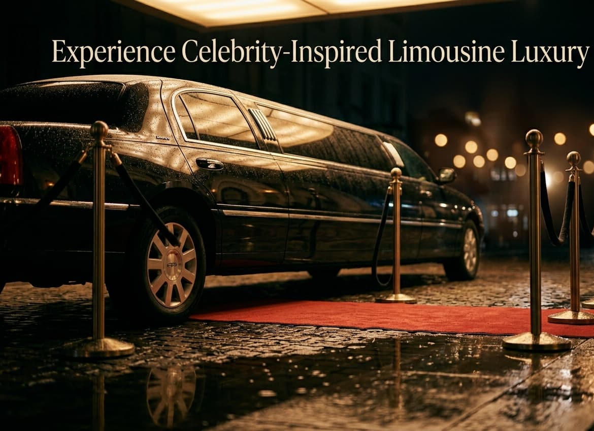 Black stretch limousine arriving on an empty red carpet at night