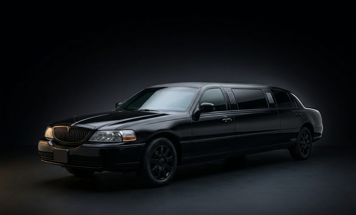 Black Lincoln stretch limousine in a dark showroom setting