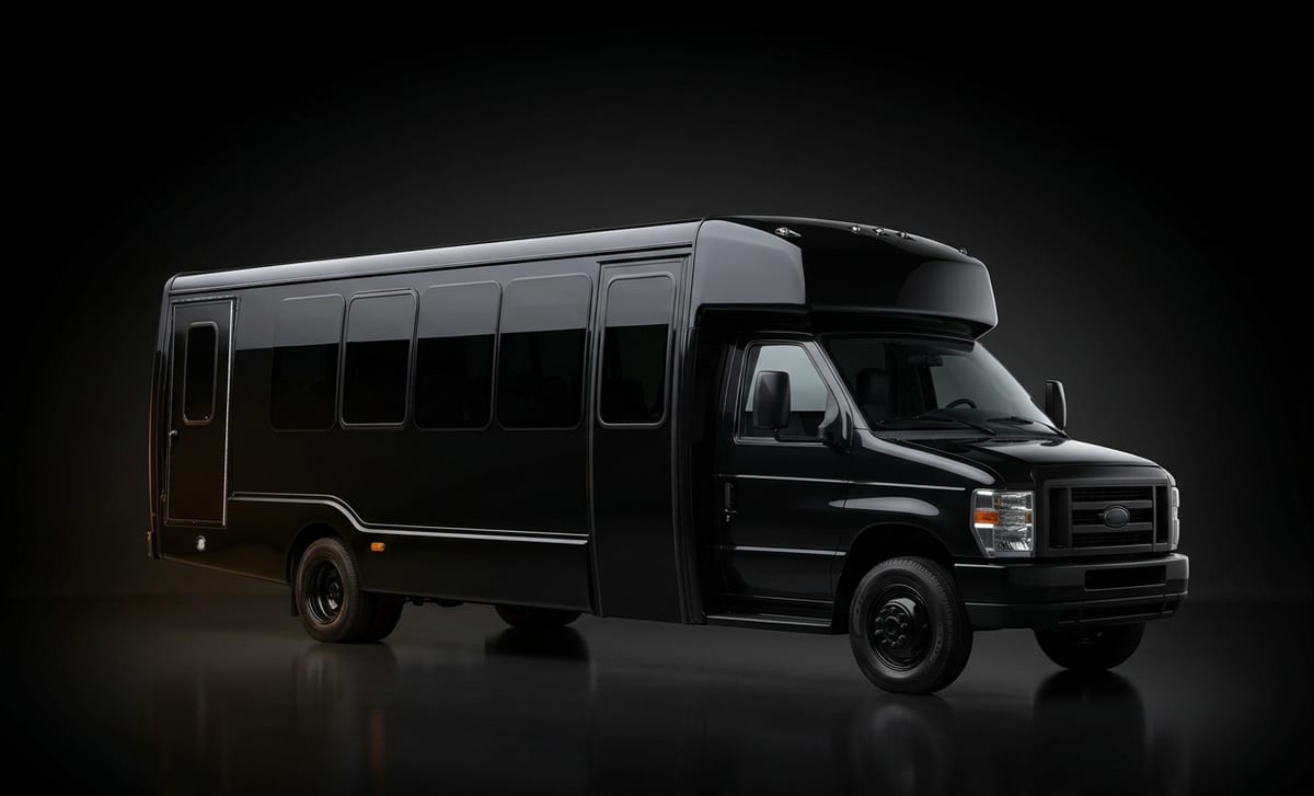 Black party bus with tinted windows and stretch body