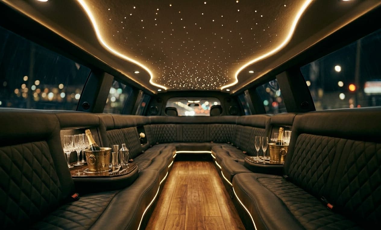 Cadillac Escalade Stretch interior — U-shaped cabin — fiber-optic ceiling, mini bar, champagne-gold accent lighting.