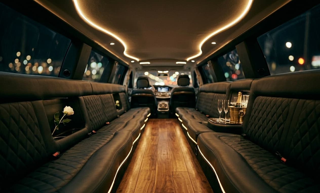 Lincoln Stretch Limousine interior — Stretch cabin — long bench seating, hardwood floor, mini bar set for two.