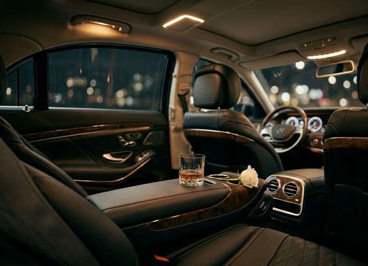 Mercedes S-Class interior — Rear cabin — quilted black leather with walnut accents and amber ambient lighting.