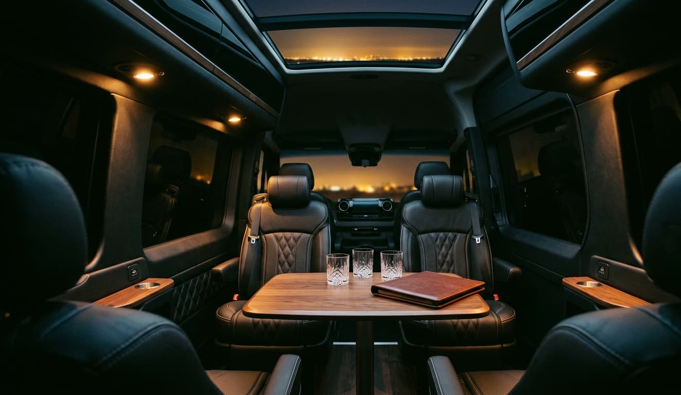 Mercedes Sprinter Limo interior — Captain-chair lounge — walnut table, panoramic roof, amber reading lights.