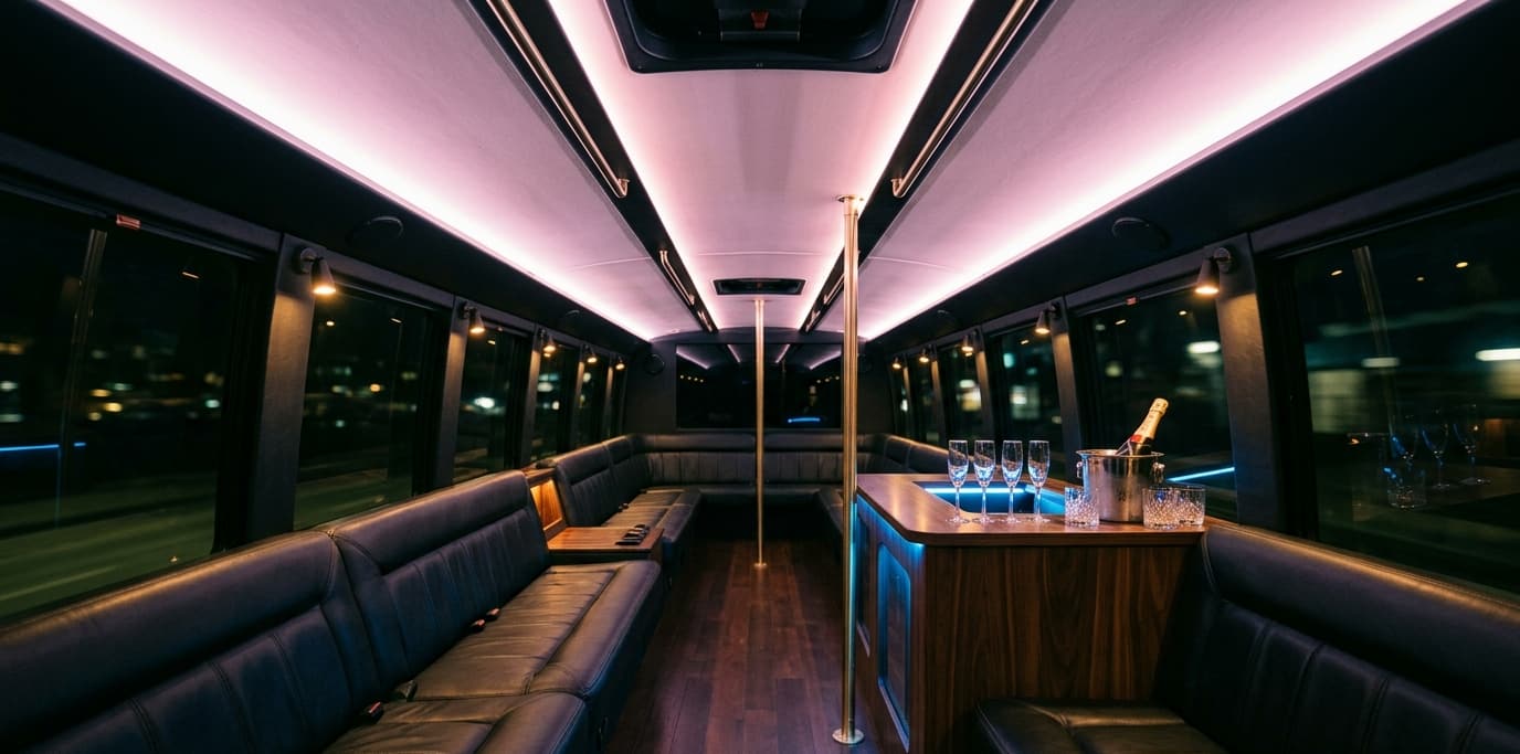 Party Bus Platinum interior — Cabin with LED ceiling, wraparound seating, and on-board bar.