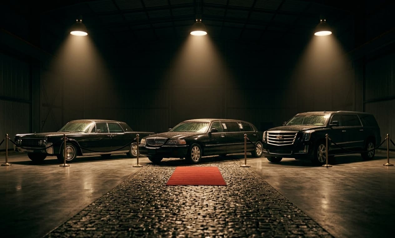Three era-spanning limousines lined up under warm spotlights in a dim warehouse