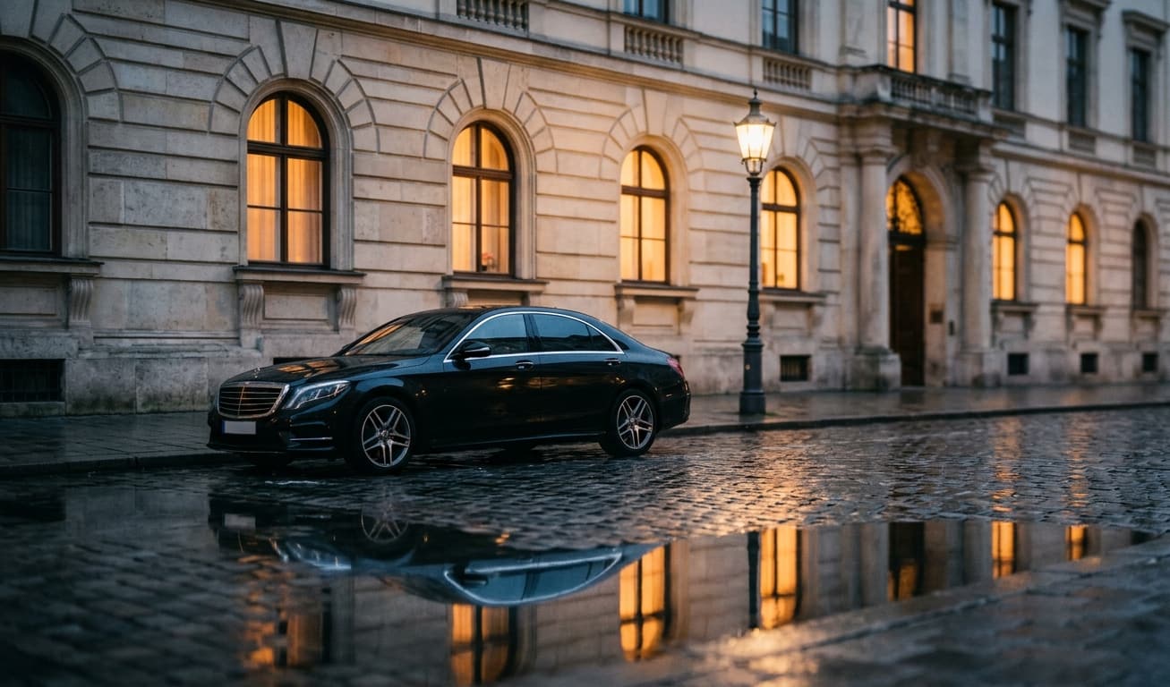 Black Mercedes S-Class sedan on wet Munich cobblestones in front of a lit classical facade