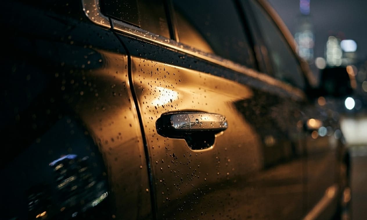 Macro close-up of a black limousine door handle with raindrops and reflected city lights