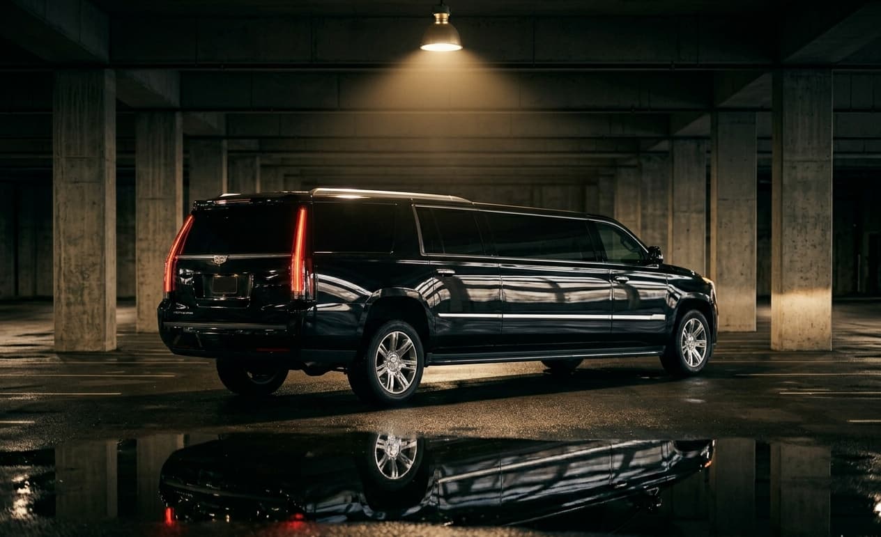 Black Cadillac Escalade stretch SUV limousine under a single spotlight in an underground garage