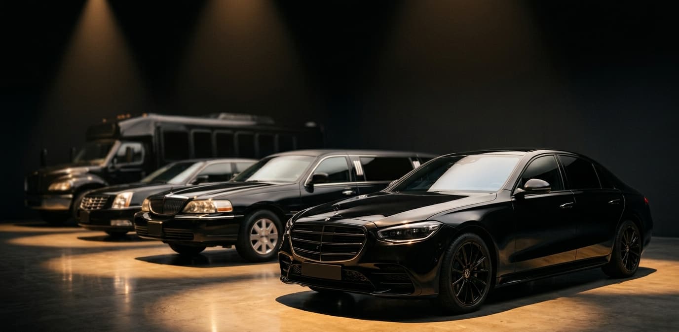 Three black limousines lined up in a dark showroom under warm spotlights