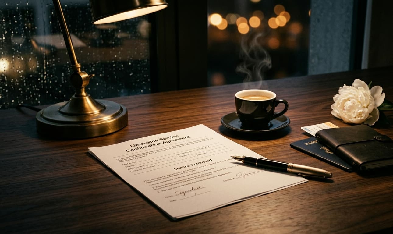 Printed quote form with pen and coffee on a walnut desk under a warm lamp
