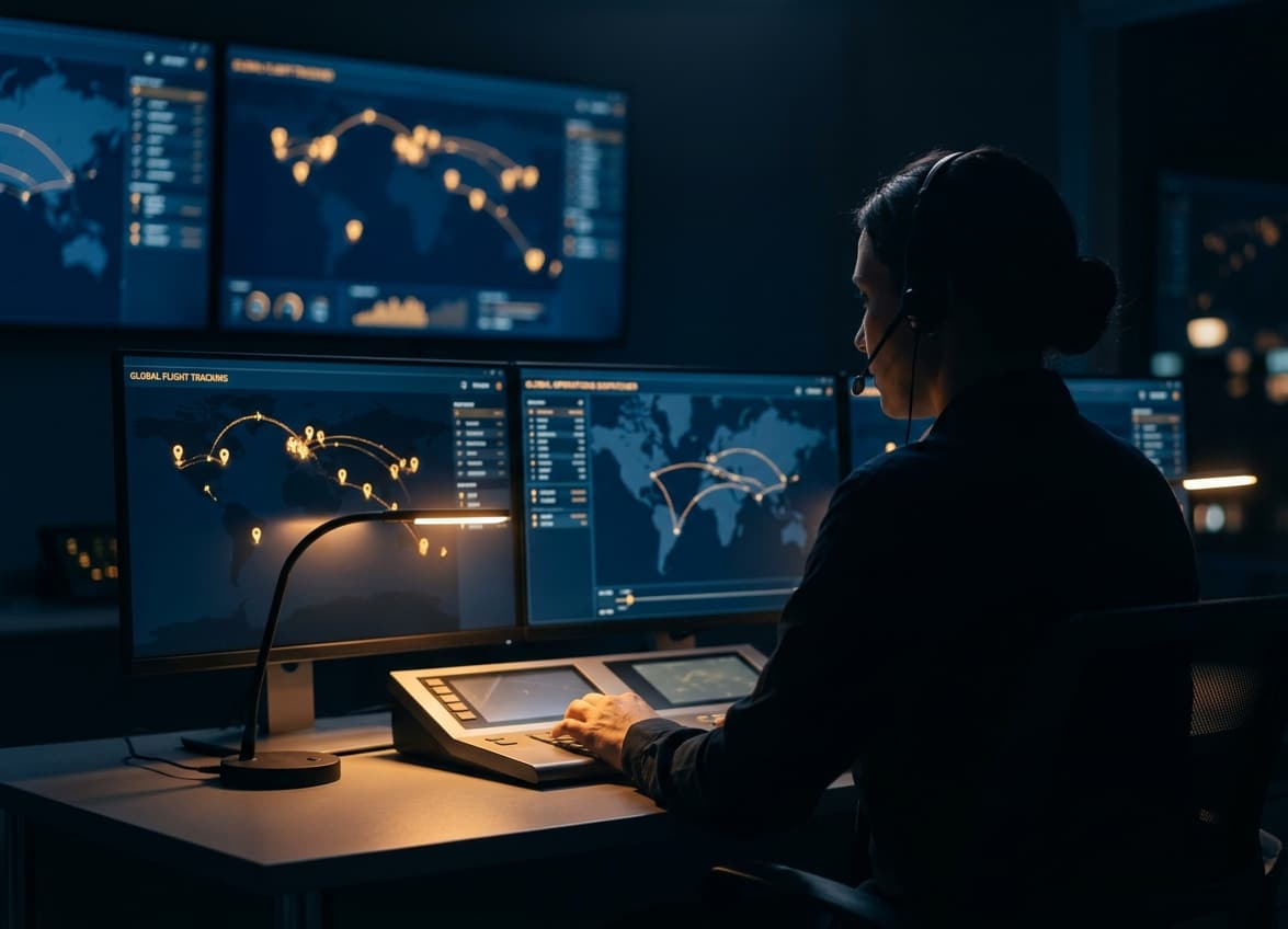 Dispatch operator at a control desk with illuminated world maps on monitors