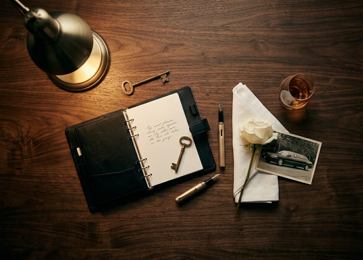 Editorial flat-lay of a black planner, key, fountain pen, whiskey and white rose