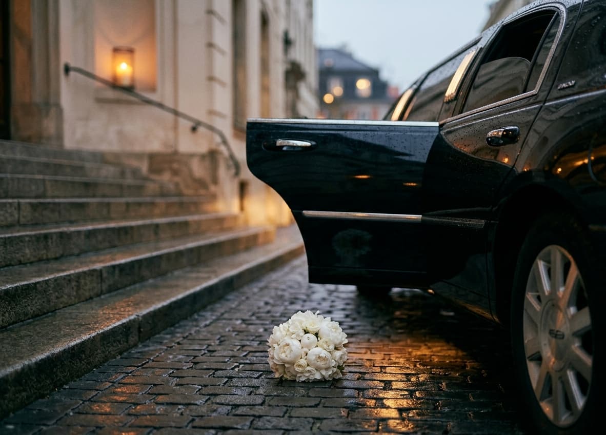 Bridal bouquet on wet cobblestones beside an open limousine door at dusk