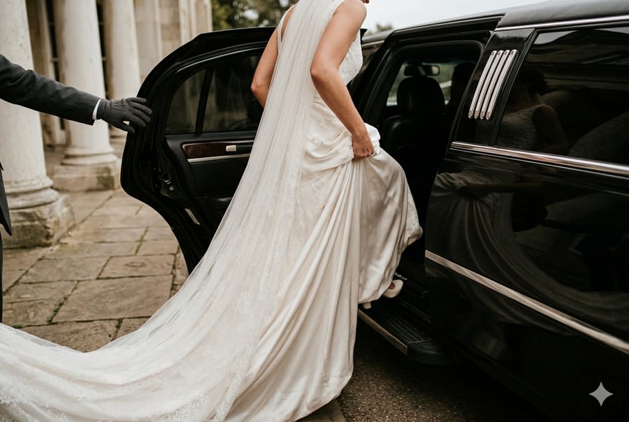 Bride stepping into a black stretch limousine on her wedding day