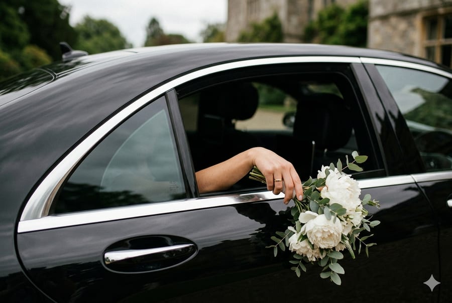 Bridal bouquet held up inside a limousine window