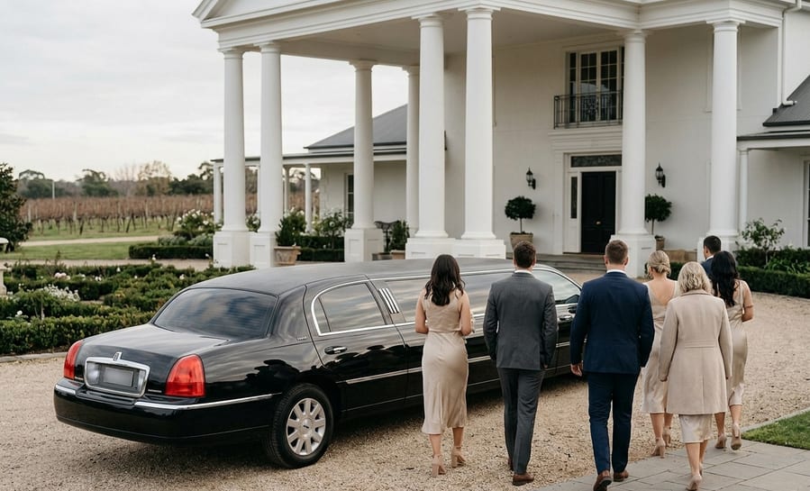 Black limousine arriving at a wedding venue at dusk