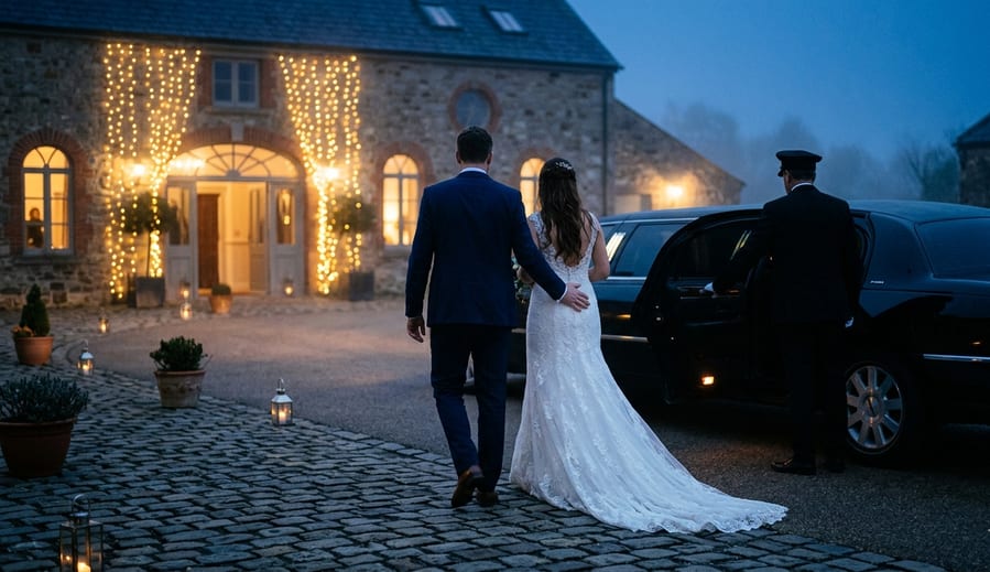 Wedding limousine departing at night with guests waving